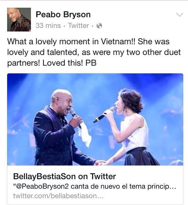 Peabo Bryson khen giọng hát Văn Mai Hương trên Twitter
