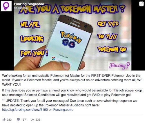 Singapore: Một công ty đăng tin tuyển cao thủ săn Pokémon