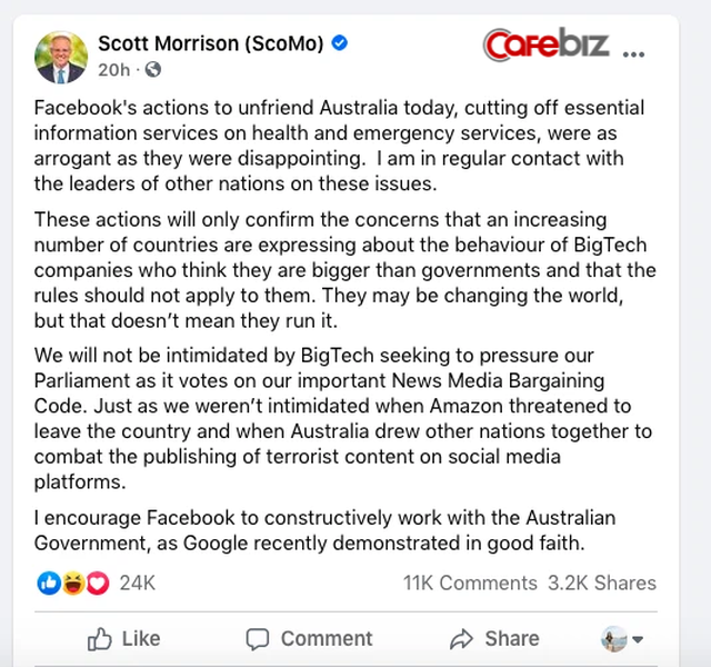 Quyền lực ‘bá đạo’ của Mark Zuckerberg: Cắt quyền truy cập thông tin của cả nước Úc ngay trong đêm, chính phủ giận dữ Facebook thay đổi thế giới không có nghĩa họ điều hành thế giới - Ảnh 1.