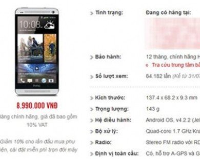HTC One M7 giảm giá còn 9 triệu đồng