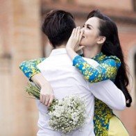 Diễm Hương ôm hôn bạn trai trong ảnh cưới