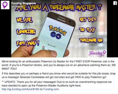 Singapore: Một công ty đăng tin tuyển cao thủ săn Pokémon