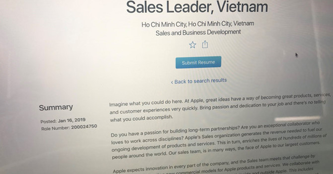 Apple tuyển Giám đốc kinh doanh tại Việt Nam