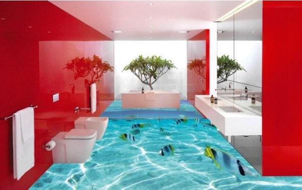 Biến phòng tắm đơn điệu thành đại dương xanh với gạch 3D ảo diệu