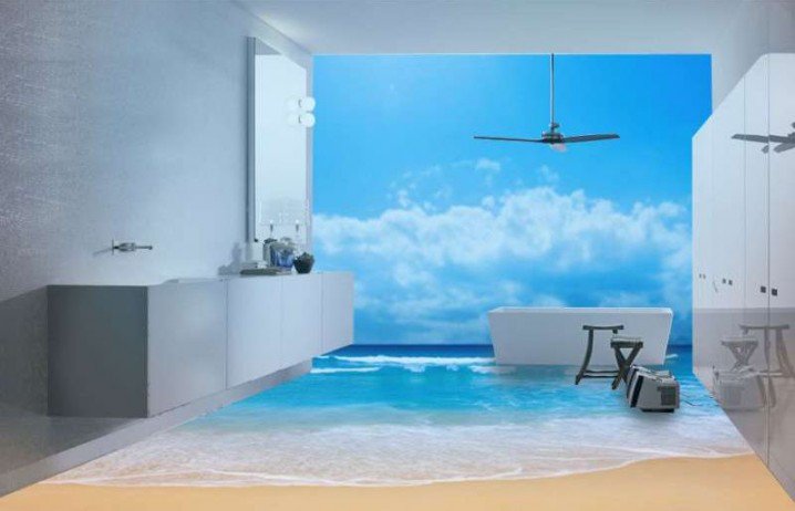 Biến phòng tắm đơn điệu thành đại dương xanh với gạch 3D ảo diệu