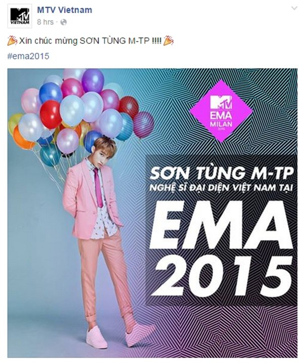 Sơn Tùng M-TP đại diện Việt Nam tham dự EMA 2015