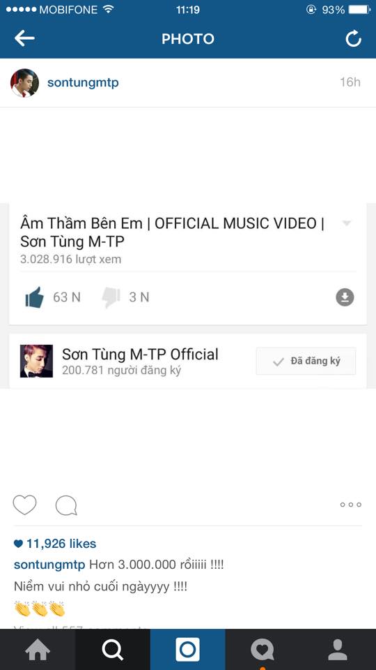 Sơn Tùng M-TP hào hứng khoe mốc 3 triệu view của MV "Âm thầm bên em"