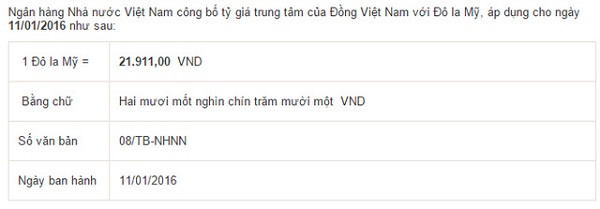 Tỷ giá trung tâm ngày 11/1: Tăng 2 đồng lên 21.911 đồng