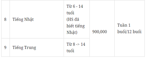 Bảng giá các lớp học hè tại Cung thiếu nhi Hà Nội